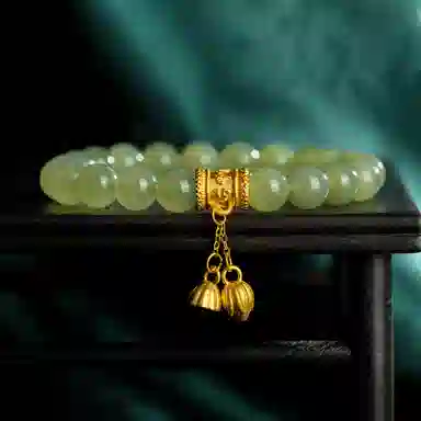 佐卡伊 六字真言两世欢黄金莲蓬 足金和田玉 手串 女款 青玉