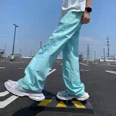 美式高街激光冲孔透气空调裤冰丝速干薄款垂感阔腿无性别抽绳工装伞兵休闲裤 男女同款 黑色