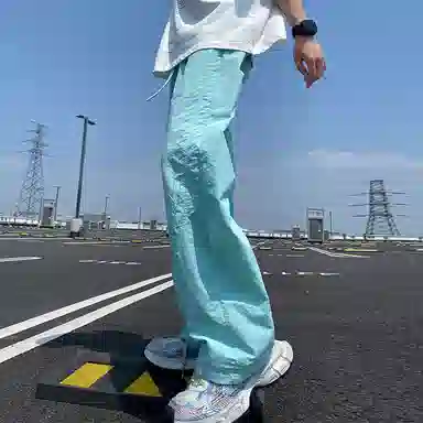 美式高街激光冲孔透气空调裤冰丝速干薄款垂感阔腿无性别抽绳工装伞兵休闲裤 男女同款 黑色