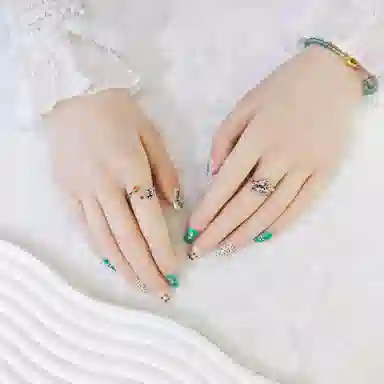 饰田 青色印象  短方绿纯色 可爱 短款美甲线条穿戴甲预制甲条全尺码假指甲显白