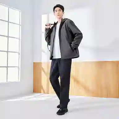 鸿星尔克 综训系列 舒适休闲连帽拉链保暖加绒加厚简约风衣 男款 深灰