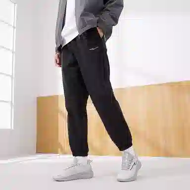 鸿星尔克 纯色中腰束脚九分运动长裤 男款 正黑