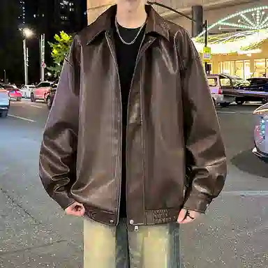 宝米卡 美拉德纯色翻领机车外套休闲春秋潮皮衣 男女同款