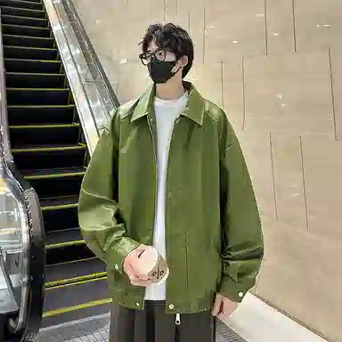 宝米卡 美拉德纯色翻领机车外套休闲春秋潮皮衣 男女同款