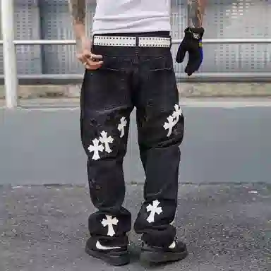 Baomika Vintage Washed Cross Embroidered Jeans