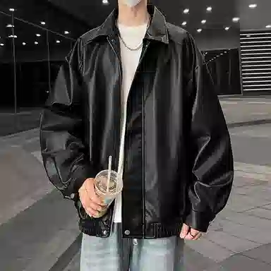 宝米卡 美拉德纯色翻领机车外套休闲春秋潮皮衣 男女同款