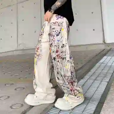 宝米卡 美式复古涂鸦泼墨潮牌宽松直筒阔腿裤高街牛仔裤 男女同款