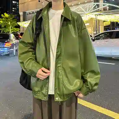 宝米卡 美拉德纯色翻领机车外套休闲春秋潮皮衣 男女同款