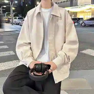 宝米卡 美拉德纯色翻领机车外套休闲春秋潮皮衣 男女同款