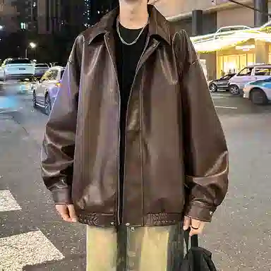 宝米卡 美拉德纯色翻领机车外套休闲春秋潮皮衣 男女同款