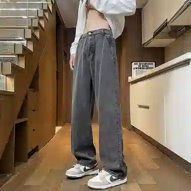 宝米卡 港风高街宽松直筒休闲潮流百搭牛仔裤 男女同款
