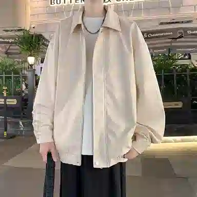 宝米卡 美拉德纯色翻领机车外套休闲春秋潮皮衣 男女同款