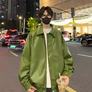 宝米卡 美拉德纯色翻领机车外套休闲春秋潮皮衣 男女同款