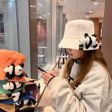 佩洛依 可爱熊猫公仔 遮阳防晒 棉 渔夫帽 男女同款情侣款