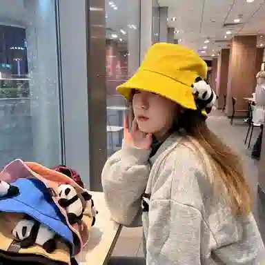 佩洛依 可爱熊猫公仔 遮阳防晒 棉 渔夫帽 男女同款情侣款