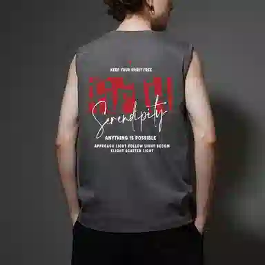 棉基因 夏季宽松圆领纯棉外穿不规则图案打底衫篮球运动数字创意英文字母印花坎肩无袖背心 男女同款