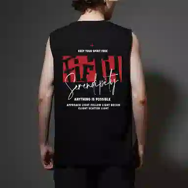 棉基因 夏季宽松圆领纯棉外穿不规则图案打底衫篮球运动数字创意英文字母印花坎肩无袖背心 男女同款