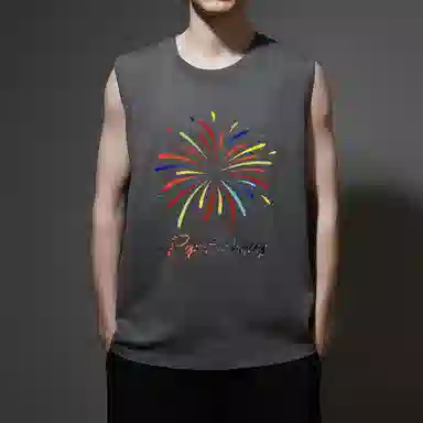 棉基因 夏季宽松圆领纯棉外穿烟花图案打底衫篮球运动数字无袖坎肩背心 男女同款