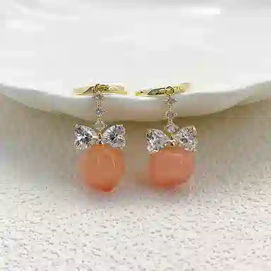 双生恋 夏日水蜜桃🍑 蝴蝶结锆石小众设计感百搭时尚精致日常通勤约会耳饰轻奢高级感 铜 耳环 女款