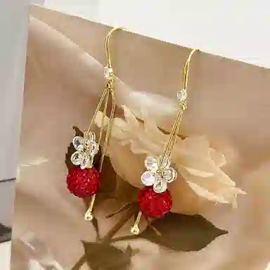 双生恋 花朵锆石长款流苏红色绣球小众设计感百搭时尚精致日常通勤约会耳饰轻奢高级感 铜 耳环 女款