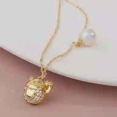 品彩 近圆珠 招财猫 诸事顺利 平安招财 幸运财运 淡水珍珠 项链 女款