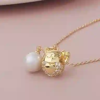 品彩 近圆珠 招财猫 诸事顺利 平安招财 幸运财运 淡水珍珠 项链 女款