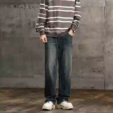 希越 水洗做旧扎花拖地阔腿裤牛仔裤 男款