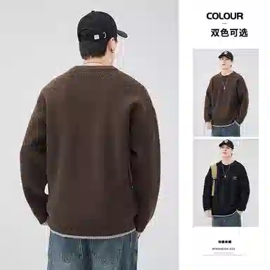 希越 美式重磅复古假两件套头上衣男宽松大码秋冬潮牌刺绣圆领针织衫 男款