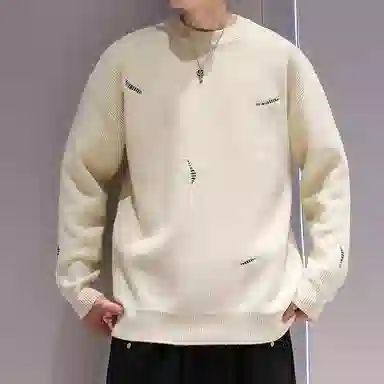 极限涡轮 潮流纯色破洞缝补圆领舒适时尚百搭针织衫 男女同款 白色