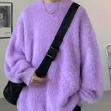 极限涡轮 美式街头风貂毛纯色加厚慵懒时尚休闲百搭宽松圆领针织衫 男女同款