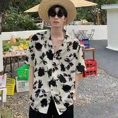寻星记 美式复古花卉满印冰丝垂感慵懒度假风痞帅宽松百搭夏季短袖衬衣衬衫 男女同款