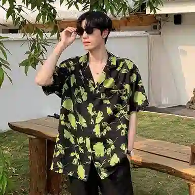 寻星记 美式复古花卉满印冰丝垂感慵懒度假风痞帅宽松百搭夏季短袖衬衣衬衫 男女同款