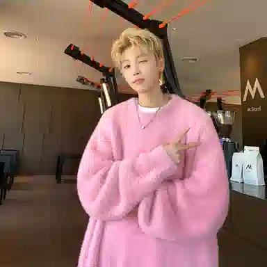 极限涡轮 美式街头风貂毛纯色加厚慵懒时尚休闲百搭宽松圆领针织衫 男女同款