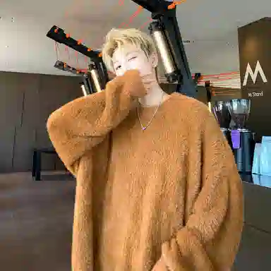 极限涡轮 美式街头风貂毛纯色加厚慵懒时尚休闲百搭宽松圆领针织衫 男女同款