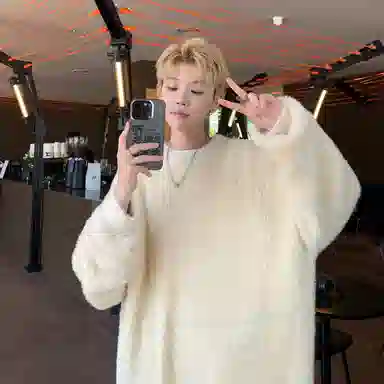 极限涡轮 美式街头风貂毛纯色加厚慵懒时尚休闲百搭宽松圆领针织衫 男女同款