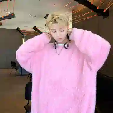 极限涡轮 美式街头风貂毛纯色加厚慵懒时尚休闲百搭宽松圆领针织衫 男女同款