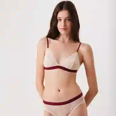 弗利少女 法式小胸蕾丝性感文胸 薄款无钢圈交叉美背内衣裤套装 夏季 女款 赠乳贴一对 礼盒装 酒红色