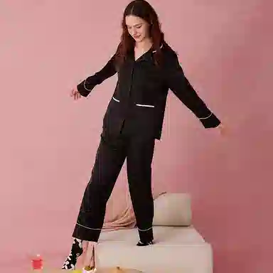 弗利少女 冰丝长袖薄款高级感翻领春秋睡衣可外穿家居套装 女款 黑色