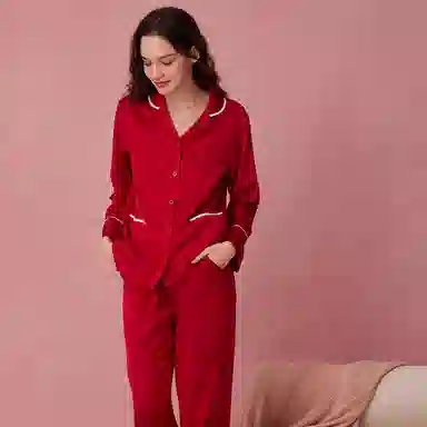 弗利少女 本命年家居服套装冰丝缎面翻领长袖长裤薄款透气仿丝绸结婚喜庆睡衣礼盒 女款