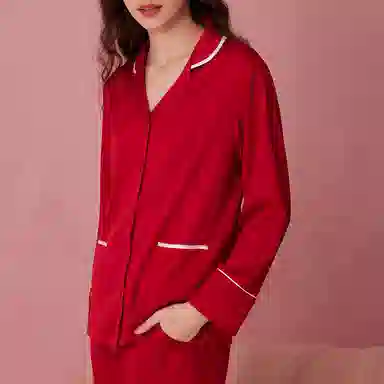 弗利少女 本命年家居服套装冰丝缎面翻领长袖长裤薄款透气仿丝绸结婚喜庆睡衣礼盒 女款