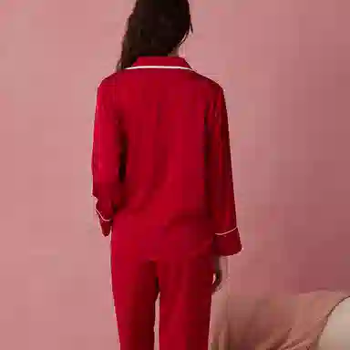 弗利少女 本命年家居服套装冰丝缎面翻领长袖长裤薄款透气仿丝绸结婚喜庆睡衣礼盒 女款