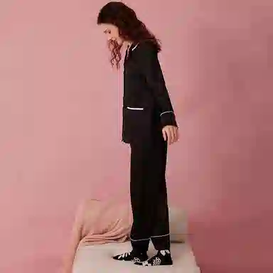弗利少女 冰丝长袖薄款高级感翻领春秋睡衣可外穿家居套装 女款 黑色
