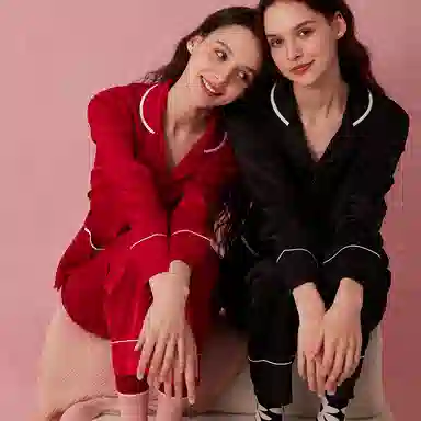 弗利少女 冰丝长袖薄款高级感翻领春秋睡衣可外穿家居套装 女款 黑色