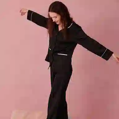 弗利少女 冰丝长袖薄款高级感翻领春秋睡衣可外穿家居套装 女款 黑色