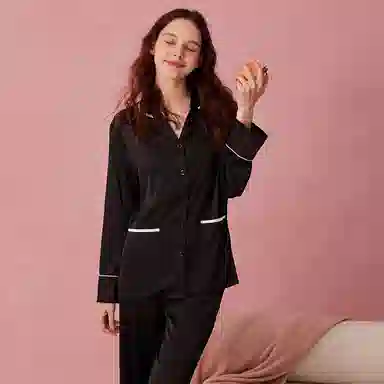弗利少女 冰丝长袖薄款高级感翻领春秋睡衣可外穿家居套装 女款 黑色