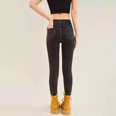 木果果木 高腰修身拼色牛仔裤 女款 黑色