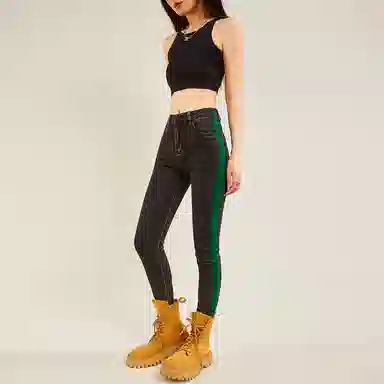 木果果木 高腰修身拼色牛仔裤 女款 黑色