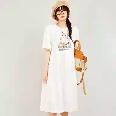 木果果木 甜美兔子宽松简约中长款短袖连衣裙 女款