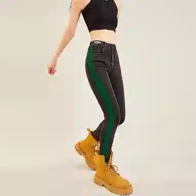 木果果木 高腰修身拼色牛仔裤 女款 黑色