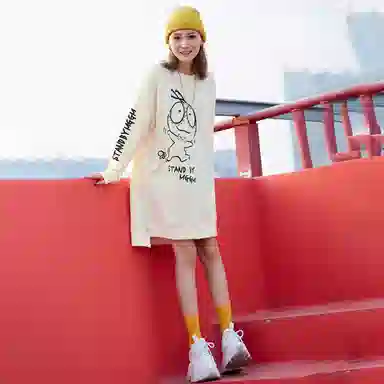 木果果木 不规则开叉设计印花圆领长袖连衣裙 女款